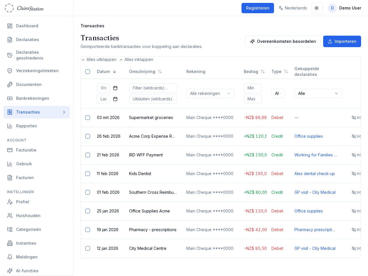 ClaimStation transactieweergave